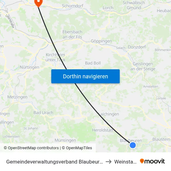 Gemeindeverwaltungsverband Blaubeuren to Weinstadt map