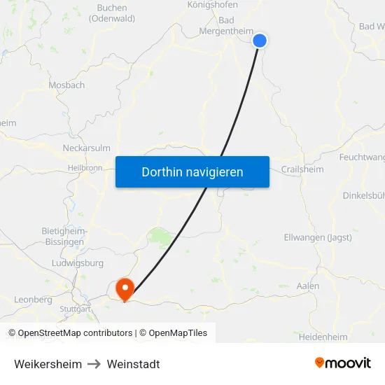 Weikersheim to Weinstadt map