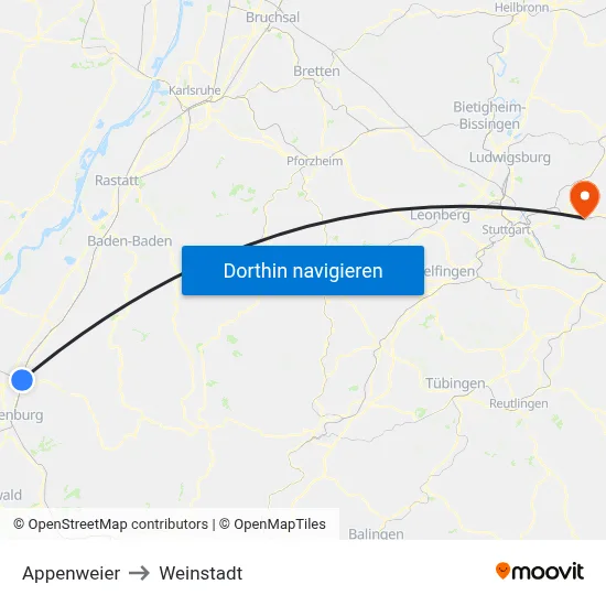 Appenweier to Weinstadt map