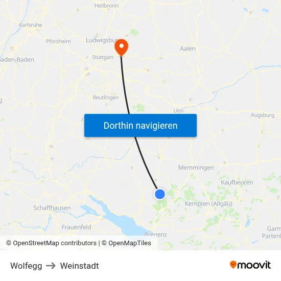 Wolfegg to Weinstadt map