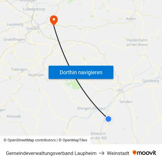 Gemeindeverwaltungsverband Laupheim to Weinstadt map