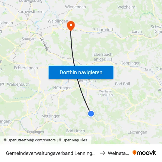 Gemeindeverwaltungsverband Lenningen to Weinstadt map