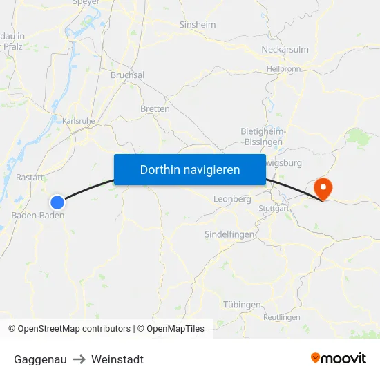 Gaggenau to Weinstadt map