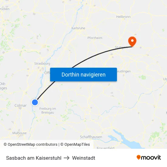 Sasbach am Kaiserstuhl to Weinstadt map