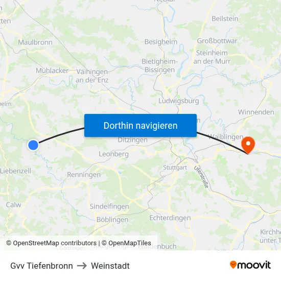 Gvv Tiefenbronn to Weinstadt map