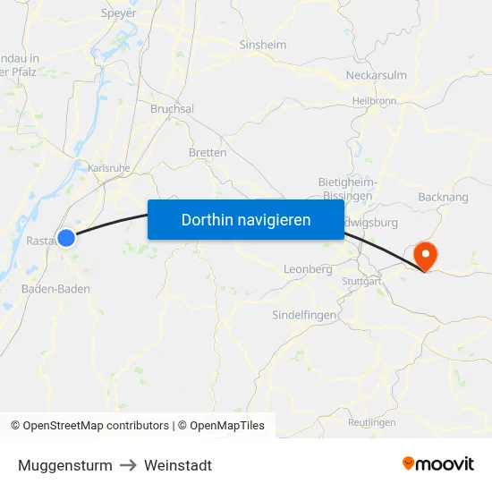 Muggensturm to Weinstadt map