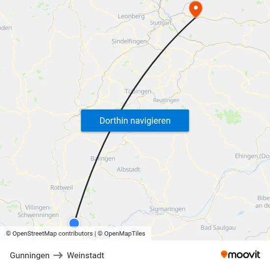 Gunningen to Weinstadt map