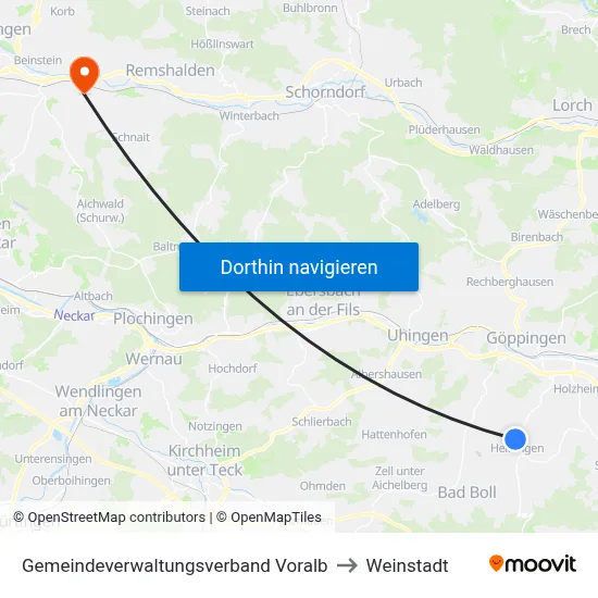 Gemeindeverwaltungsverband Voralb to Weinstadt map