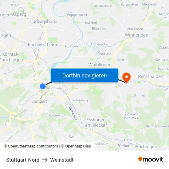Stuttgart-Nord to Weinstadt map