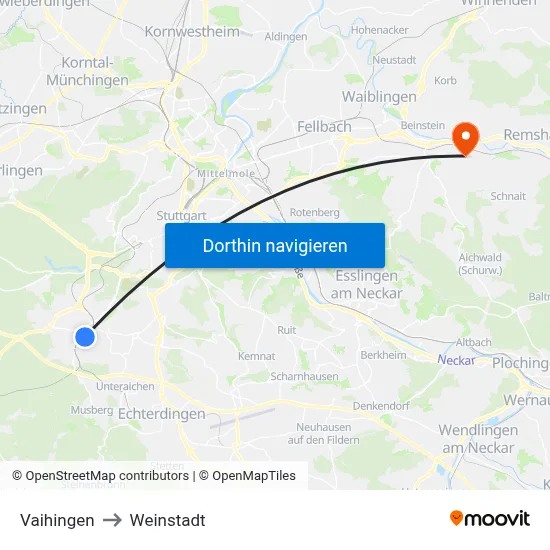 Vaihingen to Weinstadt map