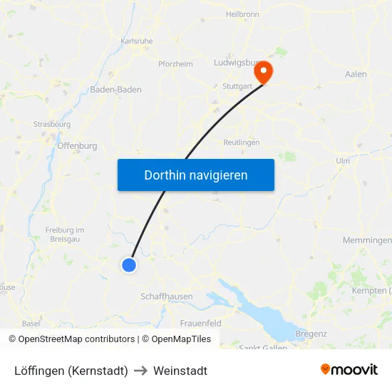 Löffingen (Kernstadt) to Weinstadt map