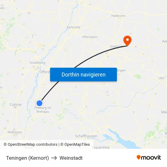 Teningen (Kernort) to Weinstadt map
