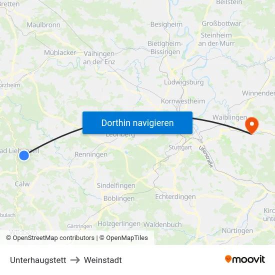 Unterhaugstett to Weinstadt map
