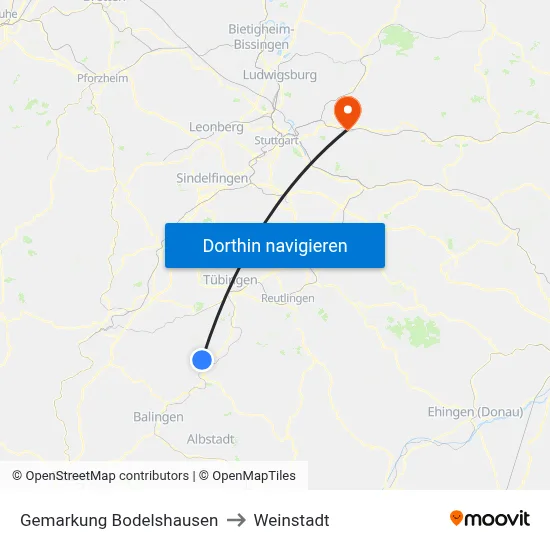 Gemarkung Bodelshausen to Weinstadt map