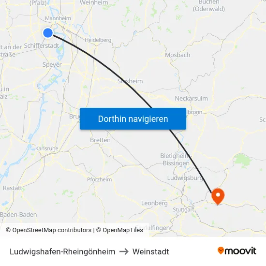 Ludwigshafen-Rheingönheim to Weinstadt map
