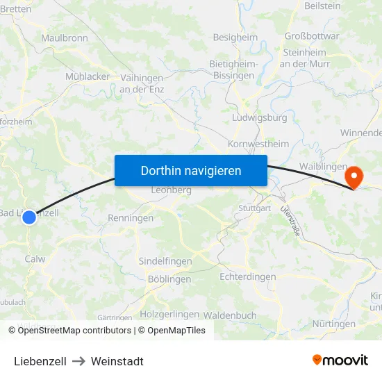 Liebenzell to Weinstadt map