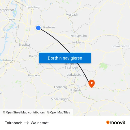 Tairnbach to Weinstadt map
