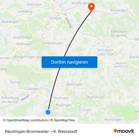 Reutlingen-Bronnweiler to Weinstadt map