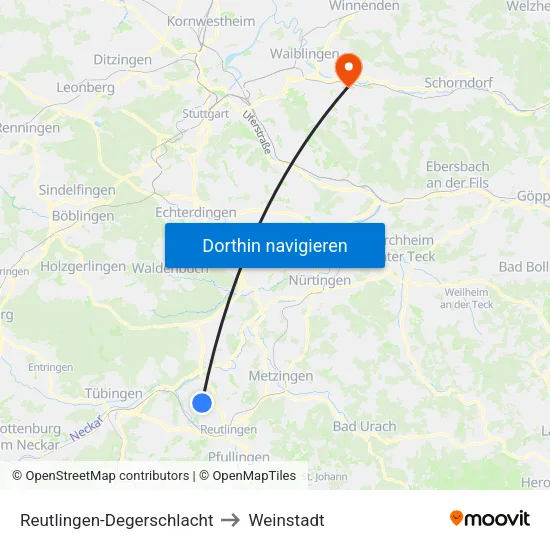 Reutlingen-Degerschlacht to Weinstadt map