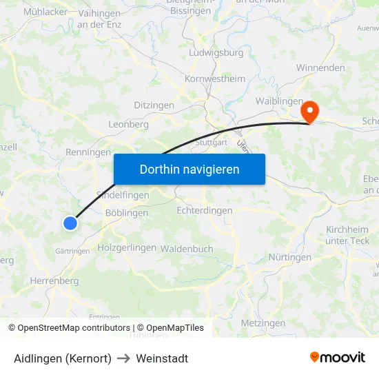 Aidlingen (Kernort) to Weinstadt map