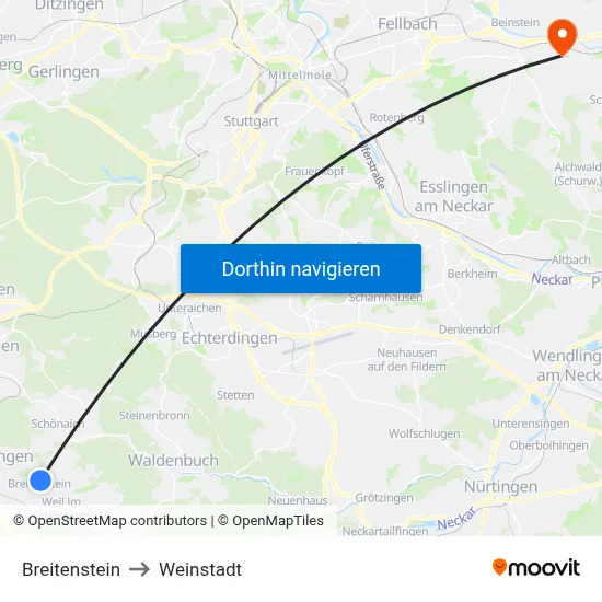 Breitenstein to Weinstadt map