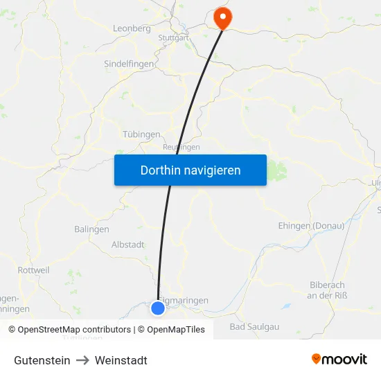 Gutenstein to Weinstadt map