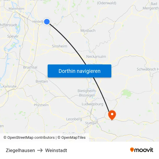 Ziegelhausen to Weinstadt map