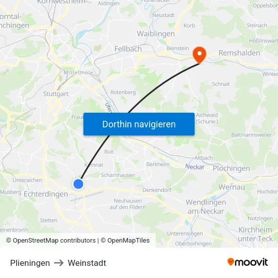Plieningen to Weinstadt map