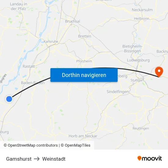 Gamshurst to Weinstadt map
