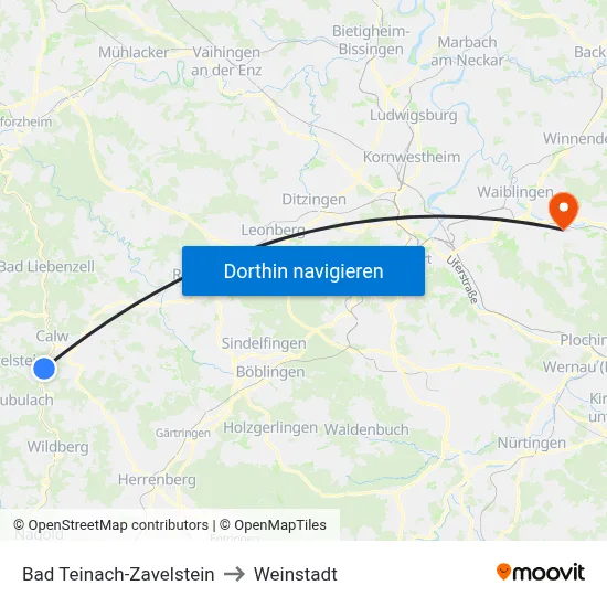 Bad Teinach-Zavelstein to Weinstadt map