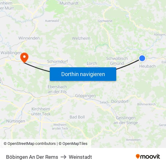 Böbingen An Der Rems to Weinstadt map