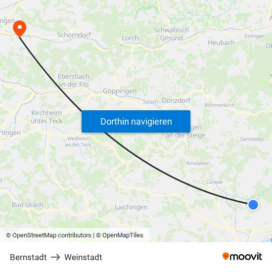 Bernstadt to Weinstadt map