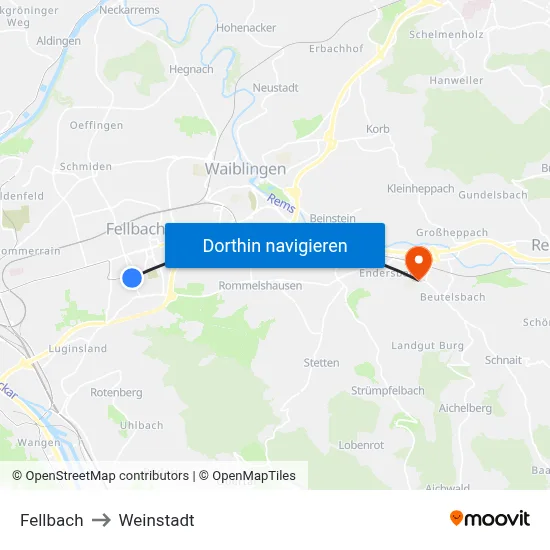 Fellbach to Weinstadt map