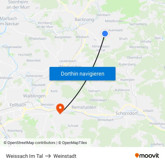 Weissach Im Tal to Weinstadt map