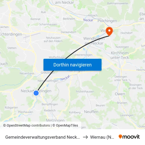 Gemeindeverwaltungsverband Neckartenzlingen to Wernau (Neckar) map