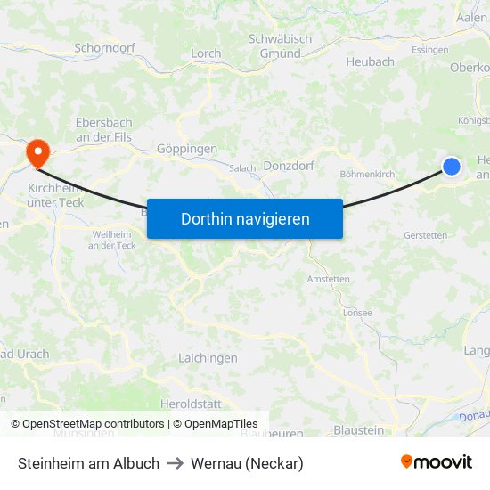 Steinheim am Albuch to Wernau (Neckar) map