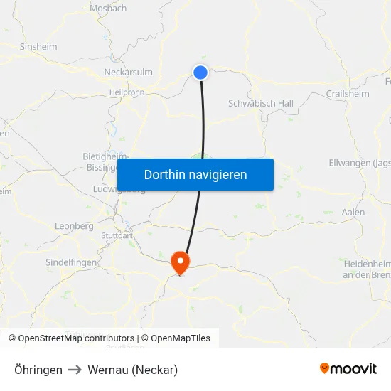 Öhringen to Wernau (Neckar) map