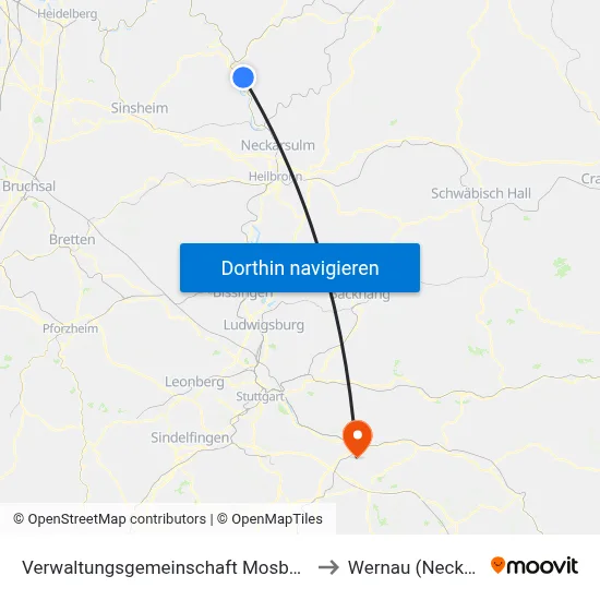 Verwaltungsgemeinschaft Mosbach to Wernau (Neckar) map