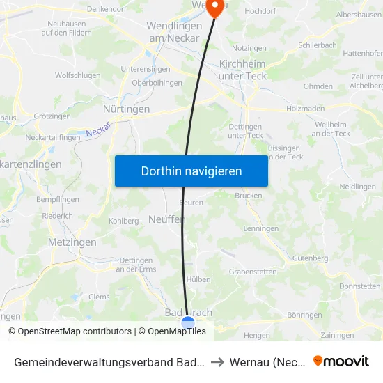 Gemeindeverwaltungsverband Bad Urach to Wernau (Neckar) map