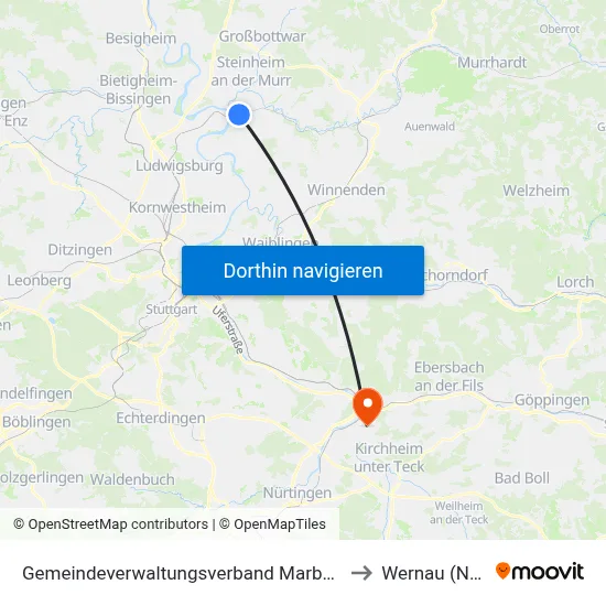 Gemeindeverwaltungsverband Marbach am Neckar to Wernau (Neckar) map