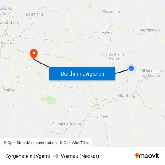 Syrgenstein (Vgem) to Wernau (Neckar) map