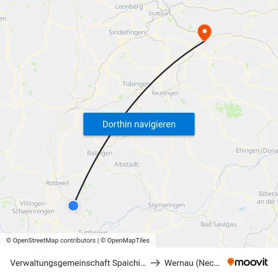 Verwaltungsgemeinschaft Spaichingen to Wernau (Neckar) map