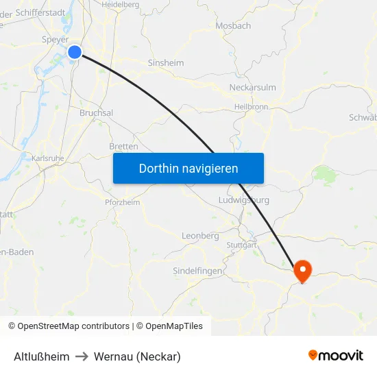 Altlußheim to Wernau (Neckar) map