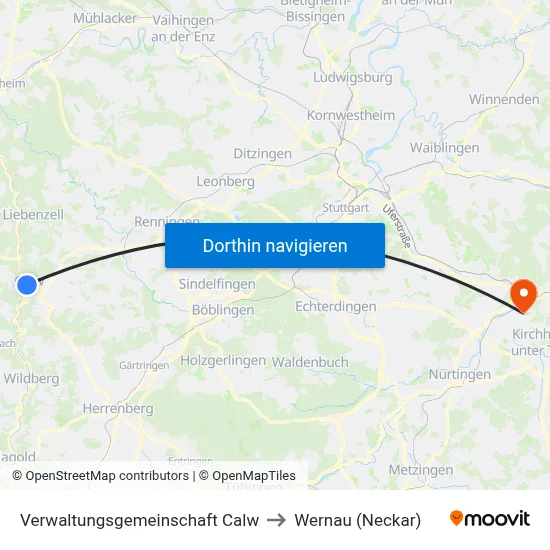 Verwaltungsgemeinschaft Calw to Wernau (Neckar) map