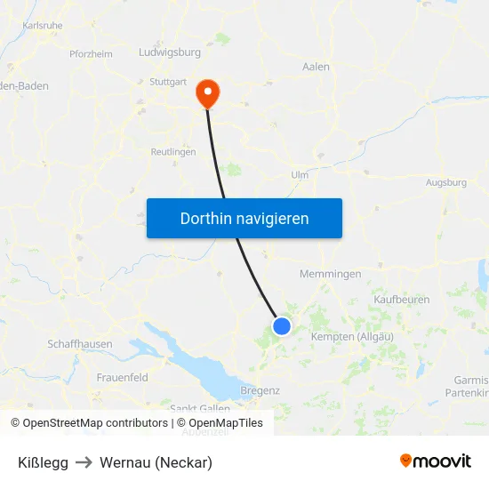 Kißlegg to Wernau (Neckar) map