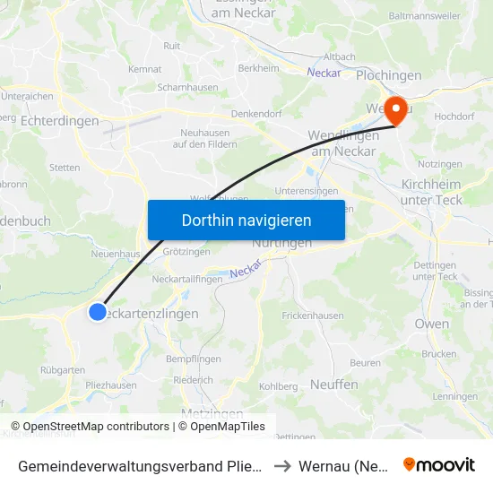 Gemeindeverwaltungsverband Pliezhausen to Wernau (Neckar) map