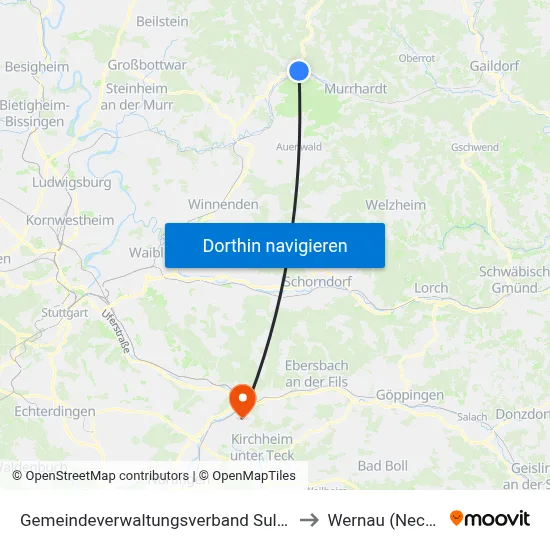 Gemeindeverwaltungsverband Sulzbach to Wernau (Neckar) map