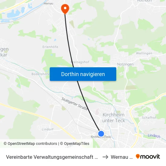 Vereinbarte Verwaltungsgemeinschaft Der Stadt Kirchheim Unter Teck to Wernau (Neckar) map