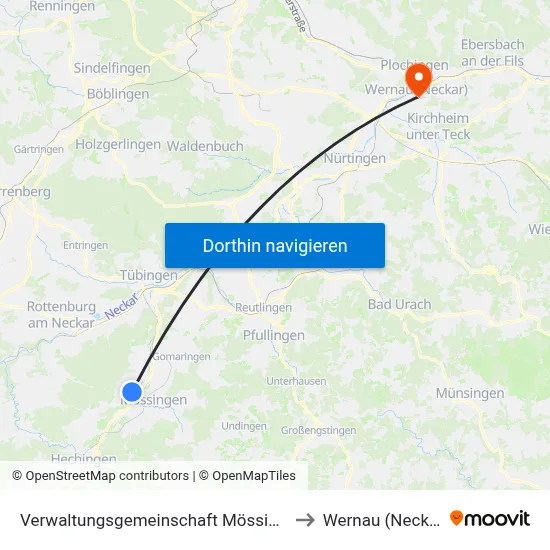 Verwaltungsgemeinschaft Mössingen to Wernau (Neckar) map