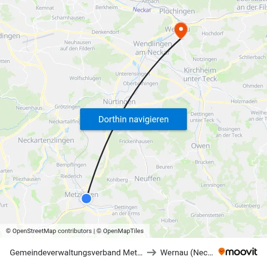 Gemeindeverwaltungsverband Metzingen to Wernau (Neckar) map